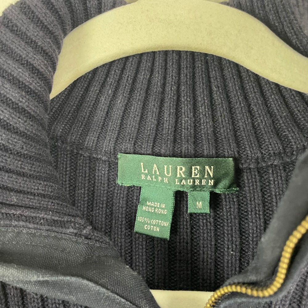 Lauren Ralph Lauren Navy Ribbed Quarter Zip Sweater Crest Logo Women's M Y2K - Picture 3 of 6